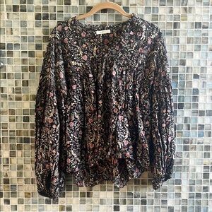 Doen Black and Cream Ruffled Blouse with Bib Collar